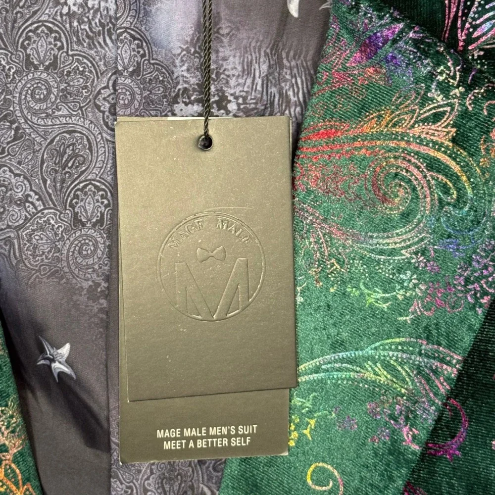 Mage Male Blazer Mens Small Green Multi Velvet Holographic Paisley Dinner Jacket